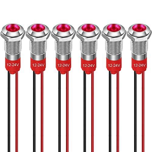 GUUZI 8 mm LED Anzeigeleuchte 12-24V Wasserdichte Signalleuchte Metallplatte LED Anzeige Signalleuchte Plattenmontage Flachkopf mit Drähten Silbergehäuse (Rot, 6 Stück) von Guuzi