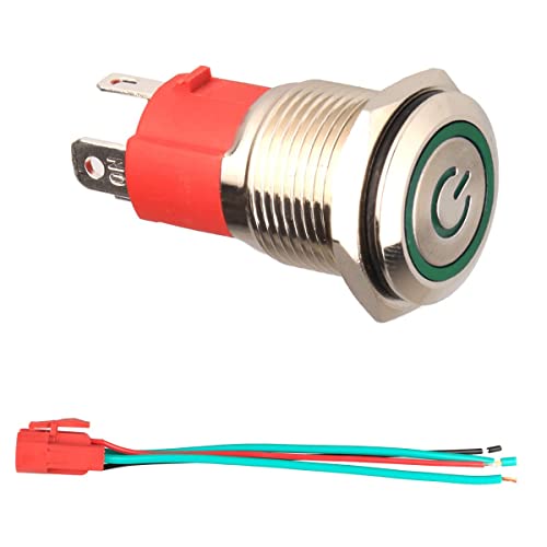 GUUZI Einrastender Druckschalter NO Wasserdichtes Grünes LED-Licht Beleuchtet 19mm 12V-24V/15A Metall-Startdruckschalter mit Buchsensteckerdraht von Guuzi