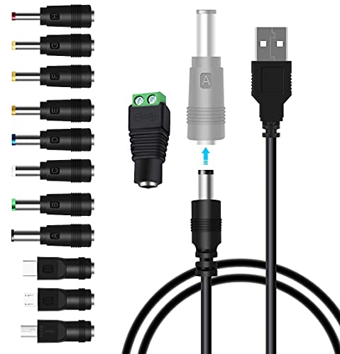 GUUZI USB auf DC Stromkabel,Universelles 5V DC 5,5x2,1mm Steckerladekabel mit 12 Anschlüssen (6.4×4.4, 6.3×3.0, 5.5×2.5, 5.5×2.1, 5.5×1.7, 4.8×1.7, 4.0×1.7, 3.5×1.35,Typ-C,Micro-USB,DC-Anschluss) von Guuzi