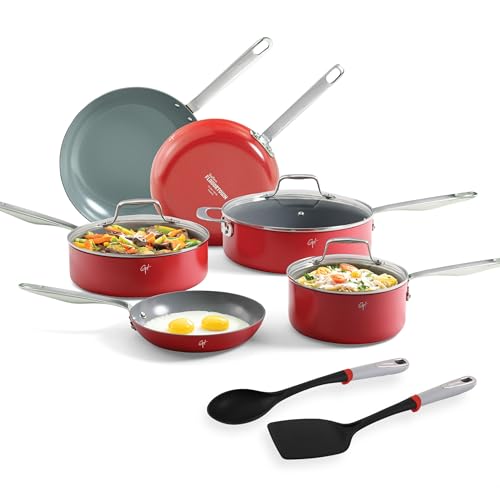 Guy Fieri's Flavortown 11-teiliges Keramik-Kochgeschirr-Set, antihaftbeschichtete Töpfe und Pfannen zum Kochen, hergestellt ohne PFAS PTFE PFOA, ofenfest, spülmaschinenfest, leicht zu reinigen von Guy Fieri's Flavortown