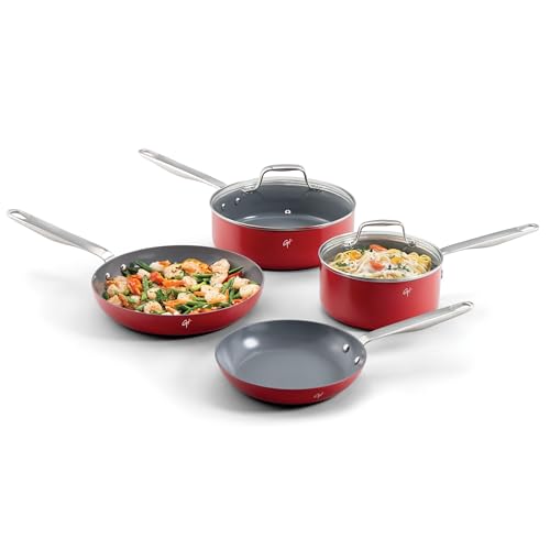 Guy Fieri's Flavortown 6-teiliges Keramik-Kochgeschirr-Set, 20,3 cm und 25,9 cm Bratpfannen, 2 QT Stielkasserolle, 3,2 QT Schmorpfanne, antihaftbeschichtet, hergestellt ohne PFAS PTFE PFOA, ofen- und von Guy Fieri's Flavortown