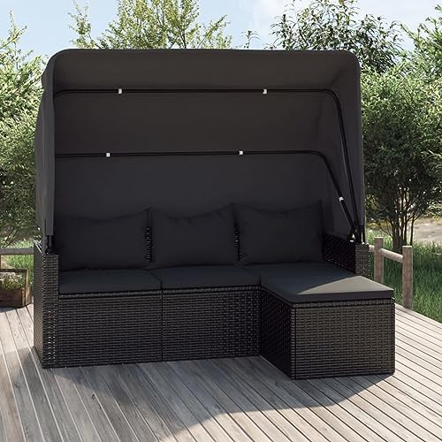 GuyAna 3-Sitzer-Gartensofa mit Dach und Fußhocker Schwarz Poly Rattan TerrassenbäNke BäNke Baumbank von GuyAna