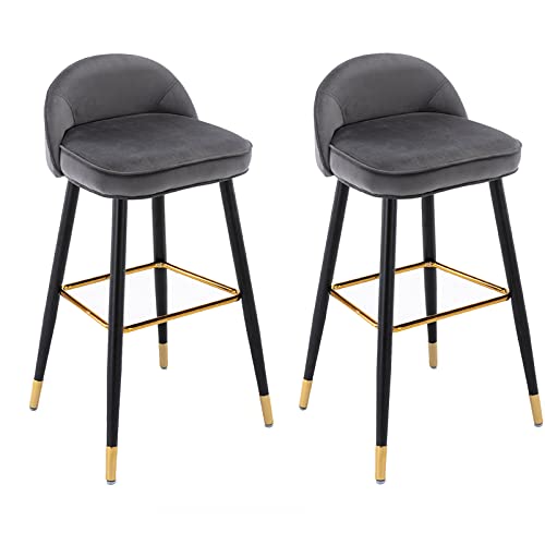 Guyifuny 2er-Set Barhocker aus Samt, gepolsterte Sitzfläche mit Rückenlehne, Metallbeine, Küchen-Frühstücksstuhl, Thekenhocker, Wohnmöbel, graues Kissen, 65 cm Sitzhöhe von Guyifuny