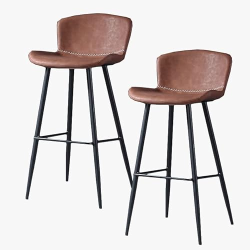 Guyifuny Barhocker aus Kunstleder, 2er-Set, klassischer Retro-Frühstücks-Esszimmerstuhl, Küchenhocker mit Fester Höhe, Metallrahmen und Fußstütze, braunes Kissen, 75 cm Sitzhöhe von Guyifuny