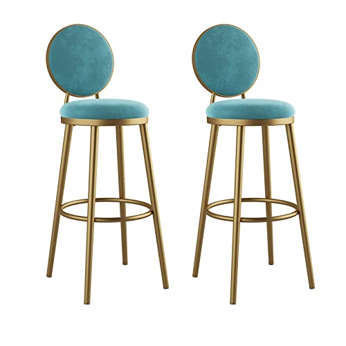 Guyifuny Barhocker in Thekenhöhe, 2er-Set, Samt-Thekenhocker mit Rückenlehne und Fußstütze, moderner gepolsterter Frühstücksstuhl für zu Hause, Cyan-Kissen, 65 cm Sitzhöhe von Guyifuny