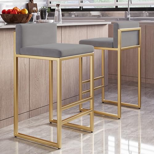 Guyifuny Barhocker in Thekenhöhe aus Samt, 2er-Set, gepolsterte Barstühle mit Rückenlehne und Goldener Fußstütze, Hochstuhl für Esszimmer, Zuhause, Kücheninsel, Grau, 65 cm von Guyifuny