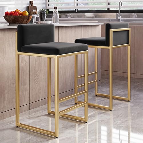 Guyifuny Barhocker in Thekenhöhe aus Samt, 2er-Set, gepolsterte Barstühle mit Rückenlehne und Goldener Fußstütze, Hochstuhl für Esszimmer, Zuhause, Kücheninsel, Schwarz, 65 cm von Guyifuny