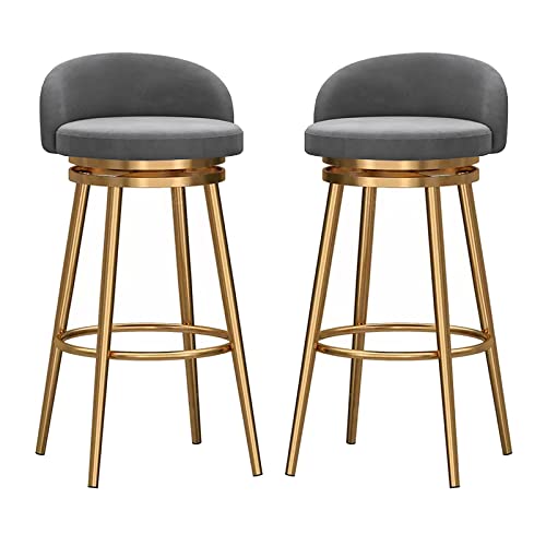 Guyifuny Drehbare Barhocker, 2er-Set, gepolsterte Barstühle mit niedriger Rückenlehne und Goldener Fußstütze für Bar, Küche und Esszimmer, Sitzfläche aus Samt, Grau, 65 cm von Guyifuny
