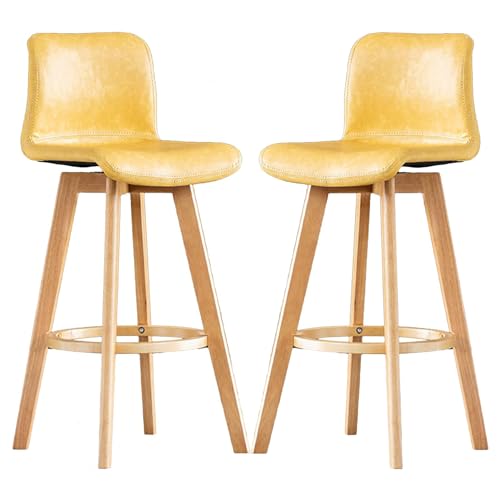 Guyifuny Drehbare Barstühle aus PU-Leder – Set aus 2 gelben Hochhockern mit gebogener Rückenlehne und Holzbeinen für Kücheninseln und Barhocker zu Hause von Guyifuny