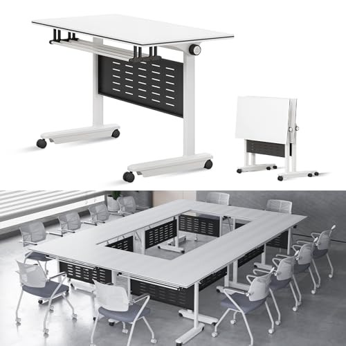 Guyifuny Klappbarer Konferenztisch mit Rädern, mobiler, weißer, Faltbarer rechteckiger Schulungs-Seminartisch mit Flip-Top-Design für das Büro-Klassenzimmer, 2er-Pack von Guyifuny