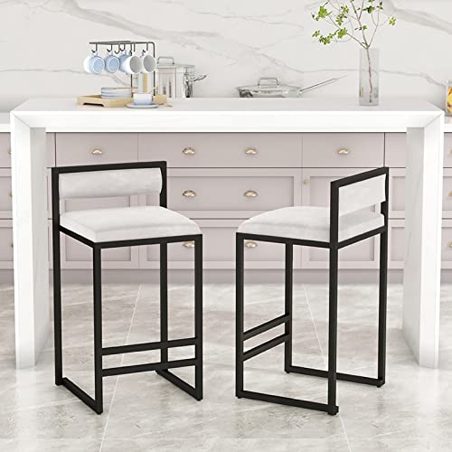 Guyifuny Moderne Barhocker, 2er-Set, mit Samt gepolsterte Frühstücksbarstühle mit Rückenlehne und schwarzen Metallbeinen für Kücheninsel/Frühstück/Restaurant,Weiß,65cm von Guyifuny
