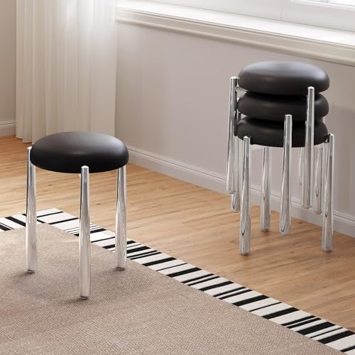 Guyii 4er Set Stapelhocker, Runde Hocker mit Metallbeinen, Stapelbare Sitzhocker für Küche, Modernes Design für Wohnzimmer und Esszimmer (Schwarz) von Guyii