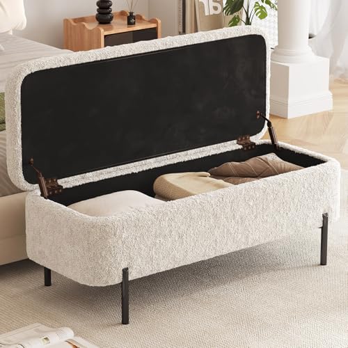 Guyii Bettbank Polsterbank mit Stauraum – Sitzbank für Flur & Schlafzimmer, Moderne Bank mit Stauraum, Aufbewahrungsbank mit Lammfell Stoff, stabile Metallbeine, gepolsterte Sitztruhe von Guyii