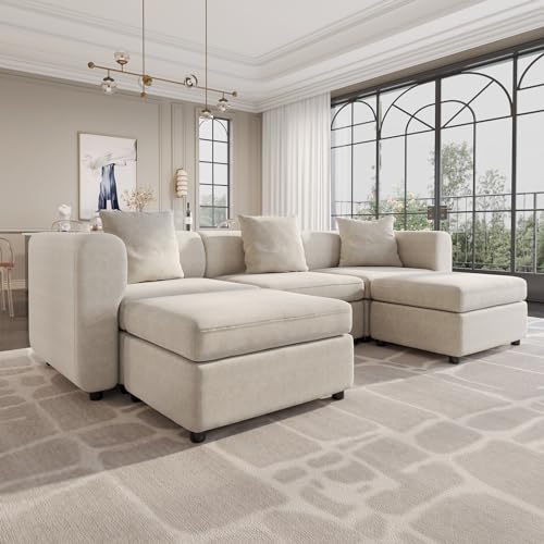 Guyii Modulares Sofa, Stoffsofa, 5-Sitzer Sofa, Bequemer Wohnzimmersofa, Flexibles Sofasystem, Modularer Couch, Chaiselongue für Wohnzimmer (5 Sitzplätze (3 Sitze und 2 Ottomanen)) von Guyii