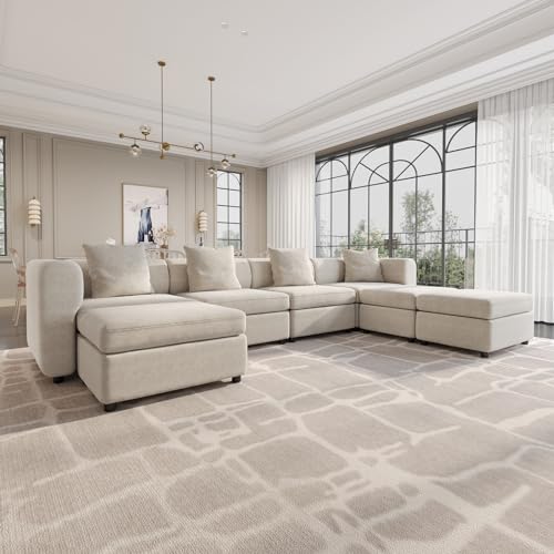 Guyii Modulares Sofa, Stoffsofa, 7-Sitzer Sofa, Bequemer Wohnzimmersofa, Flexibles Sofasystem, Modularer Couch, Chaiselongue für Wohnzimmer (7 Sitzplätze (4 Sitze und 3 Ottomanen)) von Guyii