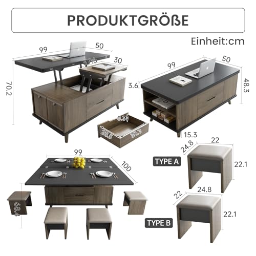 Guyii Wohnzimmertisch Höhenverstellbar mit Stauraum – Multifunktionaler Couchtisch Aufklappbar und Ausziehbar, Sofa Tisch mit Vier Einbaustühlen, Erweitert als Klein Schreibtisch oder Esstisch Guyii Wohnzimmertisch Höhenverstellbar mit Stauraum – Multifunktionaler Couchtisch Aufklappbar und Ausziehbar, Sofa Tisch mit Vier Einbaustühlen, Erweitert als Klein Schreibtisch oder Esstisch von Guyii