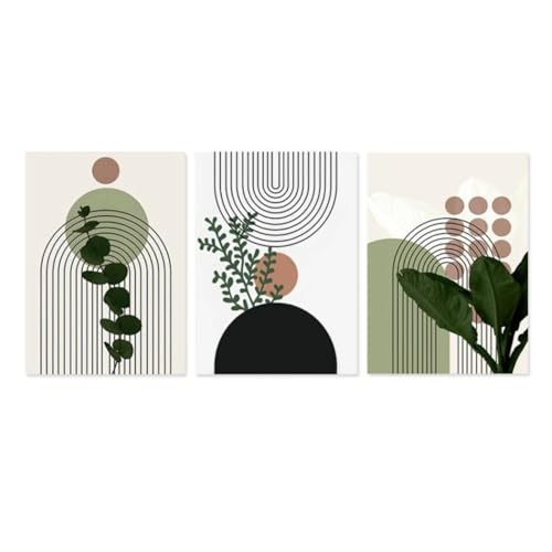 3 Stück moderne abstrakte grüne Pflanzen Blätter Sonnenlinien Wand Boho Kunst Leinwand Malerei Poster Drucke Bilder Wohnzimmer Dekor 50 x 70 cm (20 x 28 Zoll) x3 mit Rahmen von Guying Art