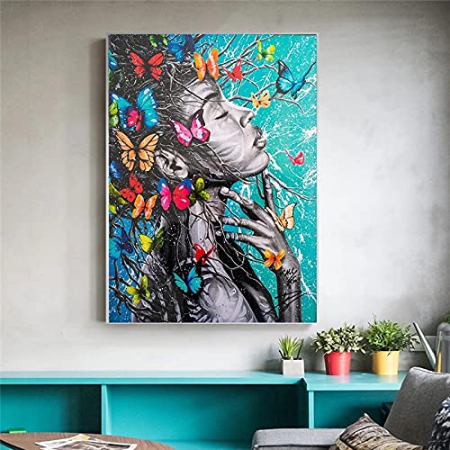 Abstract Art Decor African Black Woman Graffiti Art Posters And Prints Abstract African Girl Butterfly Wall Art Picture 42x60cm(17x24in) Frameless von Guying Art
