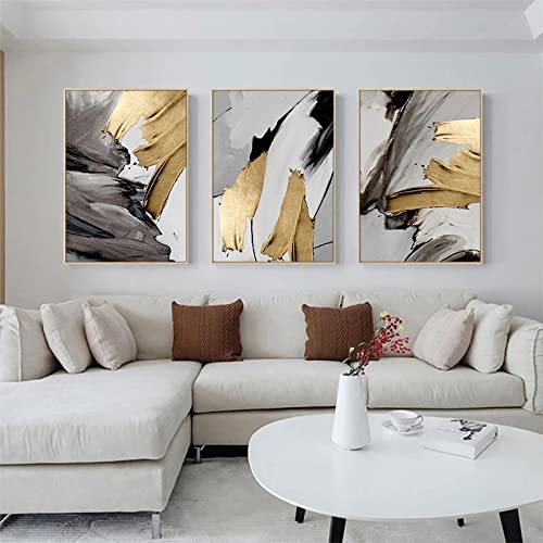 Abstrakte 3-Panel-Gemälde in Gold und Grau auf Leinwand, luxuriöse dekorative Wandposter für Wohnzimmer, Schlafzimmer, Heimdekoration, 50 x 70 cm (20 x 28 Zoll) x 3 mit Rahmen von Guying Art