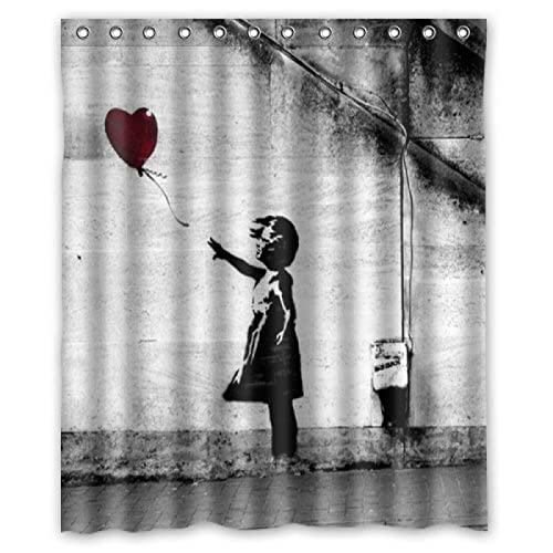 Abstrakte Kunst Duschvorhang mit 12 Haken Banksy Balloon Girl aus wasserdichtem Badezimmerstoff Duschvorhang Kinderbadezimmer 120x175cm/47x69in(WxH) von Guying Art
