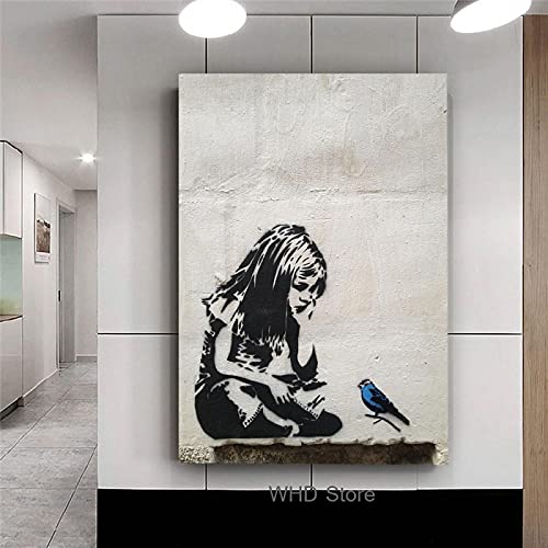 BANKSY Graffiti Street Art Mädchen mit blauem Vogel Poster und Drucke Leinwand Kunstdruck Wandbilder Wandkunst Wohnkultur 30x40cm Rahmenlos von Guying Art