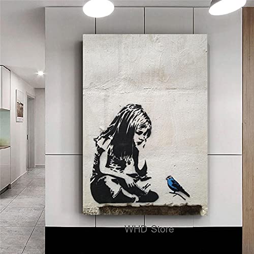 BANKSY Graffiti Street Art Mädchen mit blauem Vogel Poster und Drucke Leinwand Kunstdruck Wandbilder Wandkunst Wohnkultur 60x80cm Rahmenlos von Guying Art