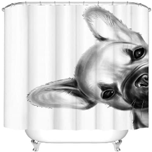 Duschvorhang Schwarz Und Weiß Französische Bulldogge Duschvorhang Stoff Süßes Haustier Hund Kinder Badezimmer wasserdichte Dekoration 90x195cm/35x77in(WxH) von Guying Art