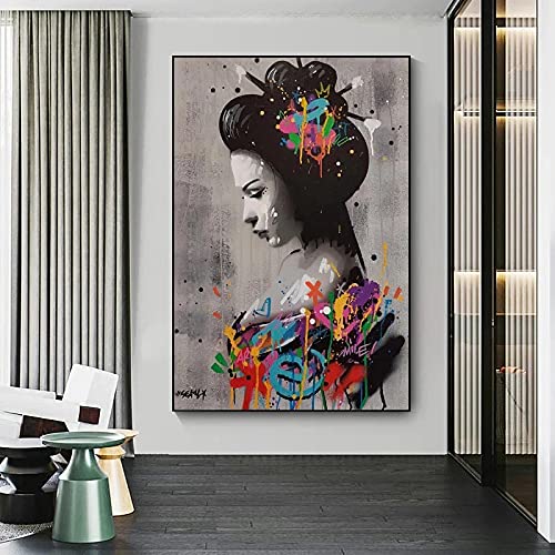 Frau japanische Geisha Kunst Leinwand Gemälde an der Wand Graffiti Kunst Poster und Drucke Kunst Bilder Home Wanddekoration 50 x 70 cm (20 x 28 Zoll) mit Rahmen von Guying Art