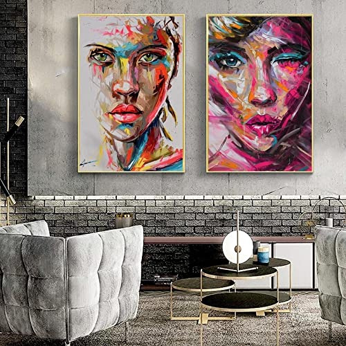 Große Frau Gesicht Abstrakte Leinwand Gemälde Wandkunst Poster und Drucke Moderne Frau Kunst Bild Home Wanddekoration 60x90cm(24x35in)x2 Rahmenlos von Guying Art