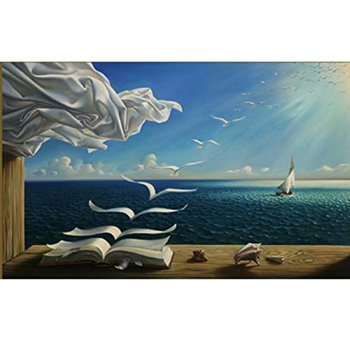 Guying Art Salvador Dali Kunstdruck auf Leinwand, Poster „Das Wellenbuch, Segelboot“, Leinwandgemälde „Tagebuch der Entdeckung“ von Vladimir Kush, 80 x 120 cm (31 x 47 Zoll), mit Rahmen von Guying Art