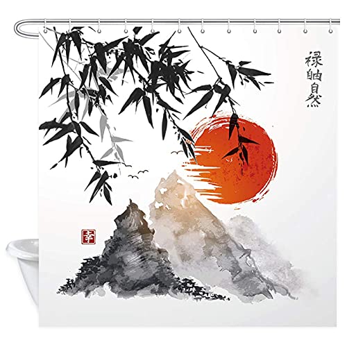 Japanische Tuschemalerei Duschvorhang Bambus Bäume Sonne und Berge Abstrakte Kunst Wasserfester Badevorhang mit 12 Haken 240x200cm/94x79in(BxH) von Guying Art