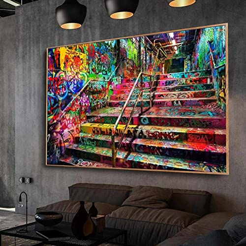 Leinwand Bild XXL Pop Street Art Treppe Bilddrucke auf Leinwand Graffiti Bunte Poster Für Wohnzimmer Wandkunst Wohnkultur 70x145cm (27.6x57,1in) Rahmenlos von Guying Art