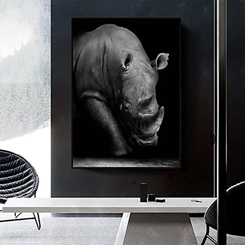 Leinwand Bild XXL Rhino Art Malerei Wilde Tiere Wandbild Schwarzweiß Wohnzimmer Dekoration Poster 70x90 (28x35in) Rahmenlos von Guying Art