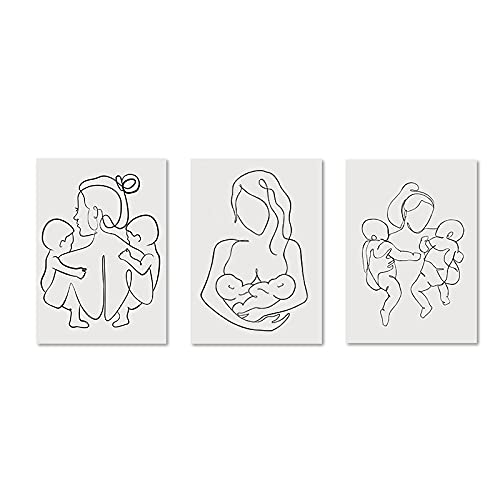 Leinwand Gemälde Kunstwerk Familienporträt Mama Zwei Baby Zwillinge Kunst Strichzeichnung Poster Drucke Kinderzimmer Dekoratives Bild 21x30cmx3 Rahmenlos von Guying Art