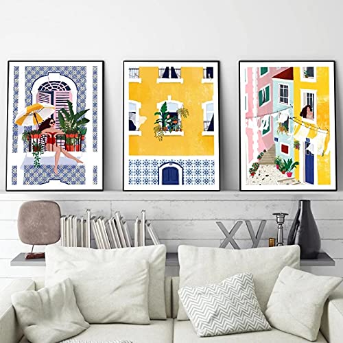 Lissabon Pflanze Mädchen Illustration Leinwand Malerei Wandkunst Katze Frau Poster Geschenk Reise Druck Bild Dekoration 70x100cm (28x39in) x3 Rahmenlos von Guying Art