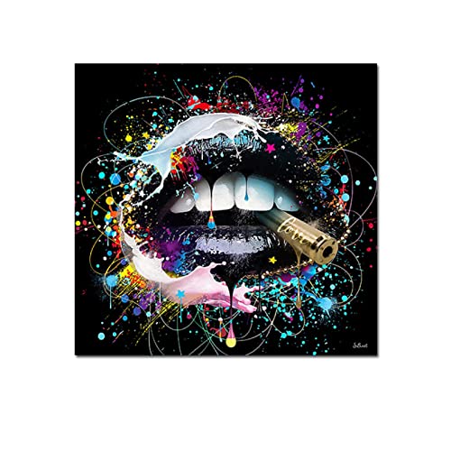 Persönlichkeit Lippen Graffiti Kunst Poster und Drucke Einzigartiger Mund Leinwand Gemälde Schwarz Cool Wind Wandbild Bar Room Home Decor 45x45cm(18x18in)x3 No Frame von Guying Art