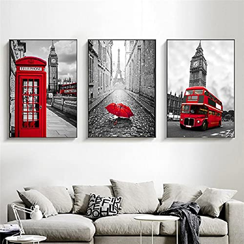 Red Bus Schwarz Weiß Paris London Poster und Drucke Leinwand Gemälde Telefonzelle Kunst Wandbilder für Raumdekor 30x42cmx3 Rahmenlos von Guying Art