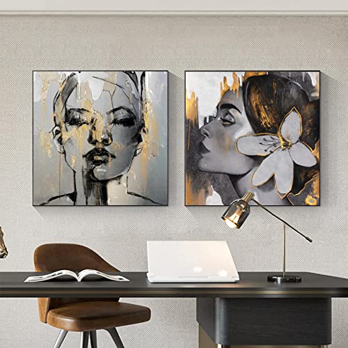 Schwarz und Gold Frau Leinwand Gemälde Moderne Porträt Poster und Drucke Wandkunst Bilder Wohnzimmer Dekoration 40x40cm(16x16in)x2 Kein Rahmen von Guying Art