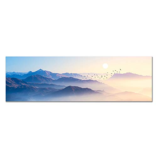 Sonnenaufgang Landschaftsbilder Blauer Berg und Vögel Bilder Leinwanddrucke und Poster für Wohnzimmer Home Wanddekoration 40x160cm (16x63in) Rahmenlos von Guying Art