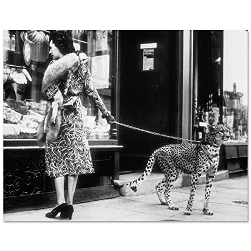 Vintage Lady and Cheetah Leopard on A Leash Print Poster Animal Photo Black and White Canvas Painting Wall Art Decor 70x90cm(28x35in) Frameless von Guying Art