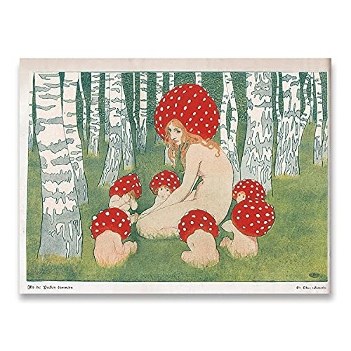 Vintage Leinwanddruck Mutter Pilz Mit Ihren Kindern Poster Pilz Wandkunst Bilder Wald Dekor Malerei 30x45cm Rahmenlos von Guying Art