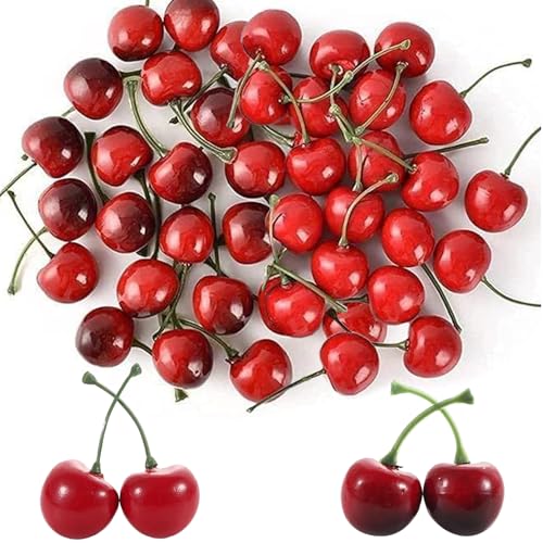 Guyode 40 Stück Künstliche Kirschen, Falsche Obstdeko Simulation Kirschenmodell, Kirschen Deko für Tischdeko Obstschale, Plastik Künstliche Früchte Set für Party Dekoration Schreibtisch Verzierung von Guyode