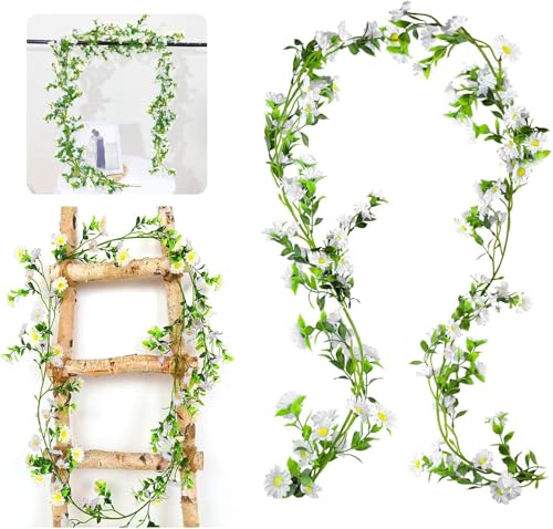 Guyode Blumengirlande Gänseblümchen Deko Blumen Girlande Frühling Outdoor Wetterfest Deko Blumen Blumenrebe mit Grüne Blätter Margeriten Kunstblumen Hängend für Hochzeitsbogen Garten Decor (Weiß) von Guyode