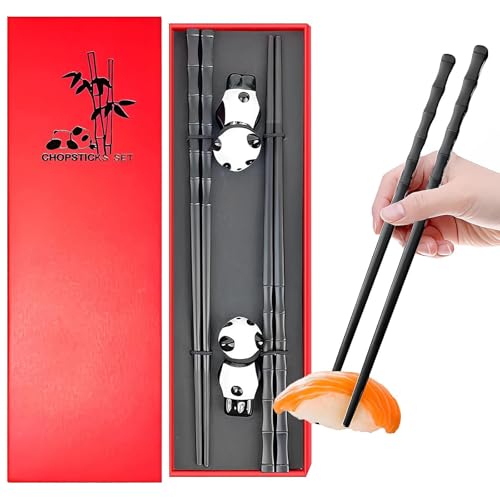 Guyode Stäbchen zum Essen, Chopsticks mit 2 Panda Stäbchenhalter, Wiederverwendbar Essstäbchen, Schwarz Chinesische Stäbchen, Bambus Form Essstäbchen Rutschfeste, Geschenk für Panda Liebhaber von Guyode
