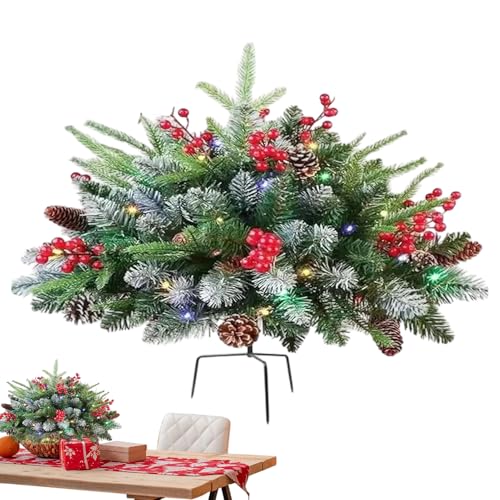 Gvblkq Vorgefertigter Kunst-Weihnachtsbaum Mit LED-Beleuchtung Als Übertopf-Füller | Künstlicher Christbaum Mit Zapfen Und Roten Beeren,Batteriebetriebene Weihnachtsdekoration Für Kamin Einfahrt Hof von Gvblkq