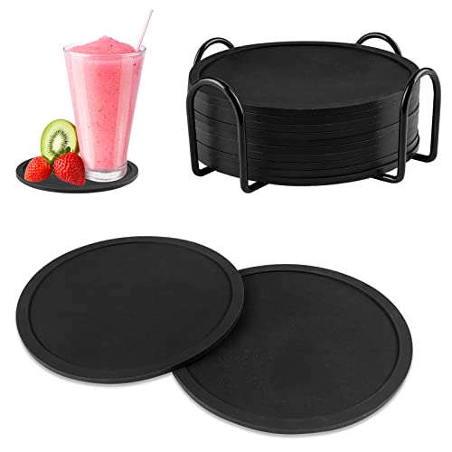 Gvolatee 12 Stück Untersetzer Gläser Silikon Schwarz mit Halter, Glasuntersetzer Glas Untersetzer-Set, Untersetzer Rund in Modernem Design für Getränke Bar Tassen, Tee, Kerzen und Pflanzen von Gvolatee