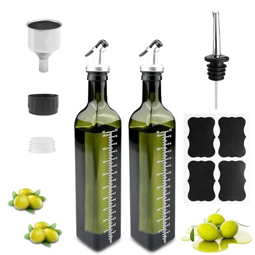 Gvolatee 2PCS ölflasche glas 500ml, essig und ölspender mit ausgießer, Trichter, Anti-Schmutz Verschluss, dunkelgrün olivenöl spender, öl flaschen, ölflaschen für Küche, Grill, Pasta, Salate, Backen von Gvolatee