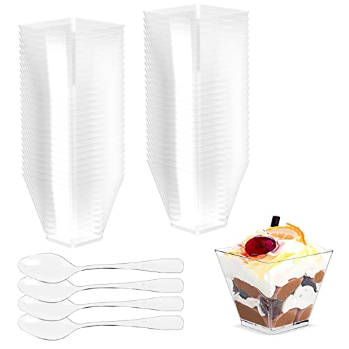 Gvolatee 50 stück Dessertgläser mit Löffeln 2oz/60ML, dessertschalen Klare Wiederverwendbar, Quadratischer dessertbecher, desserttassen für Pudding Mousse Eiscreme Hochzeiten, 2.89 * 4.9 * 4.41CM von Gvolatee