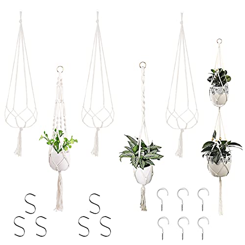 Gvolatee 6 stück Makramee Baumwollseil Hängeampel Set, Blumenampel Halter mit S Haken und Schraubhaken, Blumentopf Aufhänger für Innen Decken Balkone Wanddekoration und Außen Garten Pflanzen Deko von Gvolatee