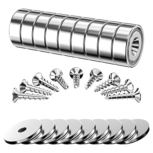 Gvolatee 9 Stück Neodym Magnete Extra Stark 12 KG Kraft 20 X 7 mm, Multifunktions Senkkopf Rundmagne Topfmagnet mit Schrauben, Loch und 6 Stahlkissen, für Badezimmer, Küchen, Büros, Lager, Garage von Gvolatee